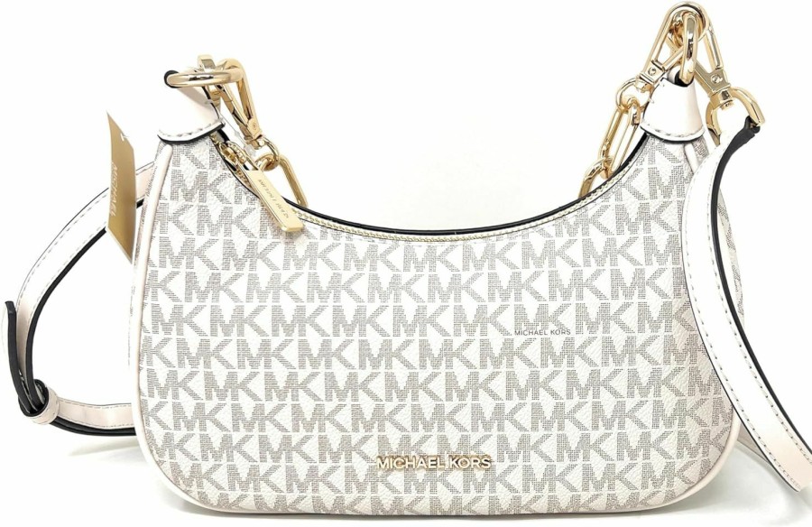 Michael Kors Crossbody Handbags | Michael Kors Cora Medium Signature Pvc Zip Pouchette Crossbody Bag Light Cream