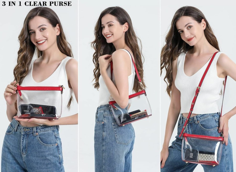 Y&R Direct Crossbody Handbags | Y&R Direct 3-In-1 Clear Zipper Crossbody Bag With Vegan Leather Trim Clear Purse For Stadium Festival Concert Gameday Gifts