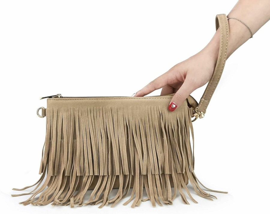 HOXIS Crossbody Handbags | Hoxis Fringe Cross Body Bag Womens Small Shoulder Bag Top Zip Wristlet