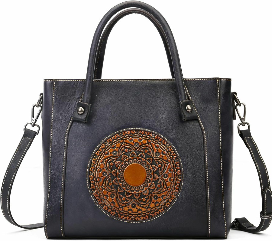 Zhuoliang Crossbody Handbags | Genuine Leather Handbag For Women,Retro Embossing Mandala Designer Purse Organizer Handmade Italian Purse