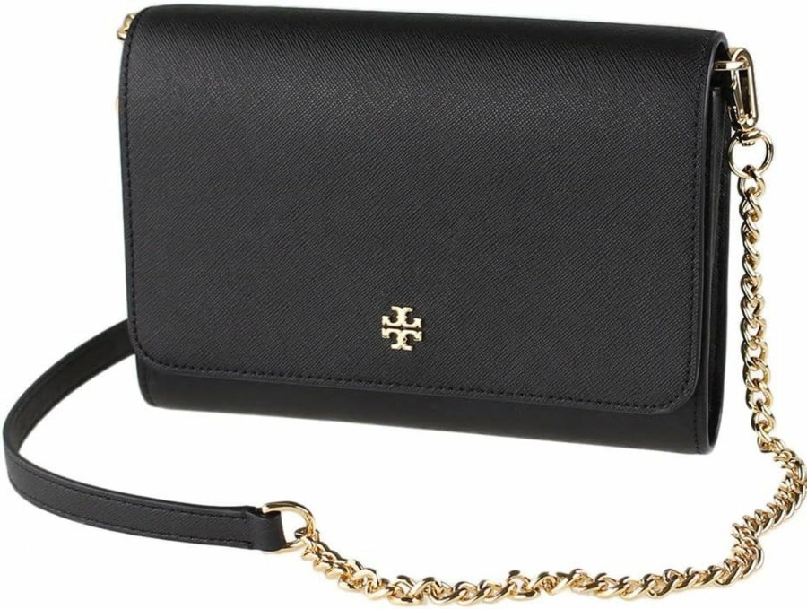 Tory Burch Crossbody Handbags | Tory Burch 82328 Black With Gold Hardware New Emerson Chain Wallet Black Leather Cross Body Bag