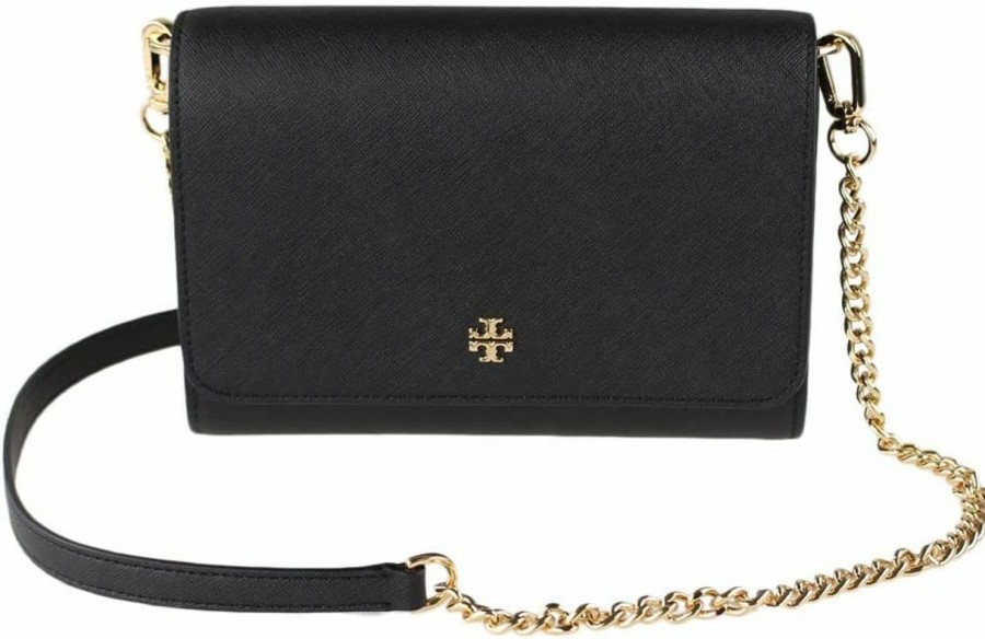 Tory Burch Crossbody Handbags | Tory Burch 82328 Black With Gold Hardware New Emerson Chain Wallet Black Leather Cross Body Bag