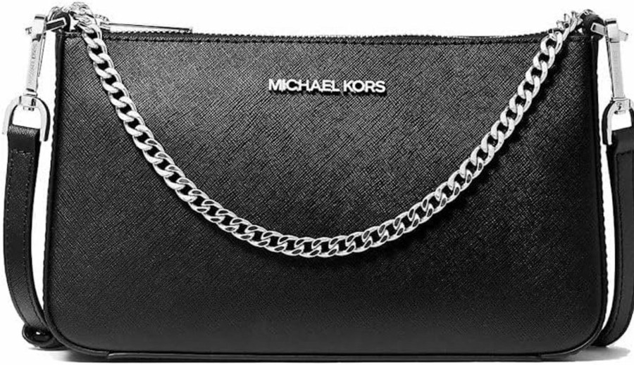 Michael Kors Crossbody Handbags | Michael Kors Jet Set Medium Chain Shoulder Bag Crossbody Bag Black Saffiano Leather Pouchette Silver Tone