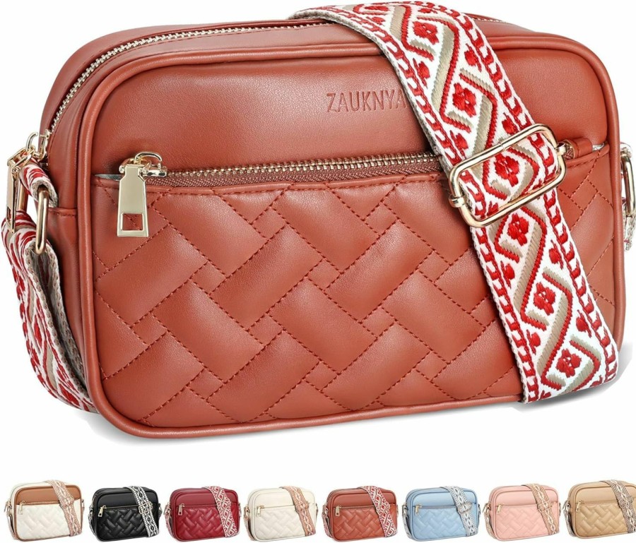 ZAUKNYA Crossbody Handbags | Zauknya Quilted Crossbody Bags For Women Small Vegan Leather Cross Body Purse Shoulder Handbags With Wide Guitar Strap