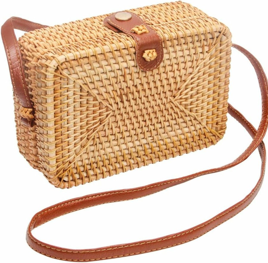 CrazyPiercing Crossbody Handbags | Crazypiercing Wicker Round Square Crossbody Rattan Bag, Women Boho Bag Clutch Woven Handbag