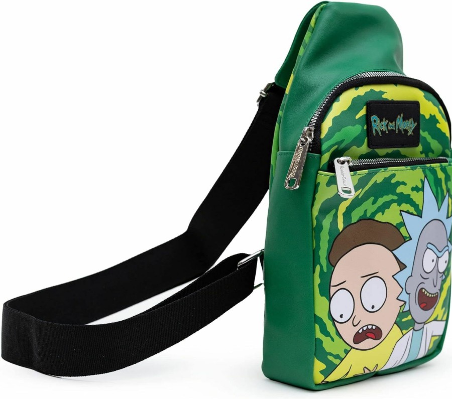 Buckle-Down Crossbody Handbags | Rick And Morty Bag, Sling, Rick And Morty Get Schwifty Portal Pose Greens, Bounding, Vegan Leather