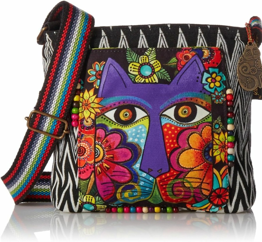 Zeckos Crossbody Handbags | Laurel Burch 138199 Crossbody 13.5\"X4\"X10\", Blossoming Feline,Blk/Wht/Pur