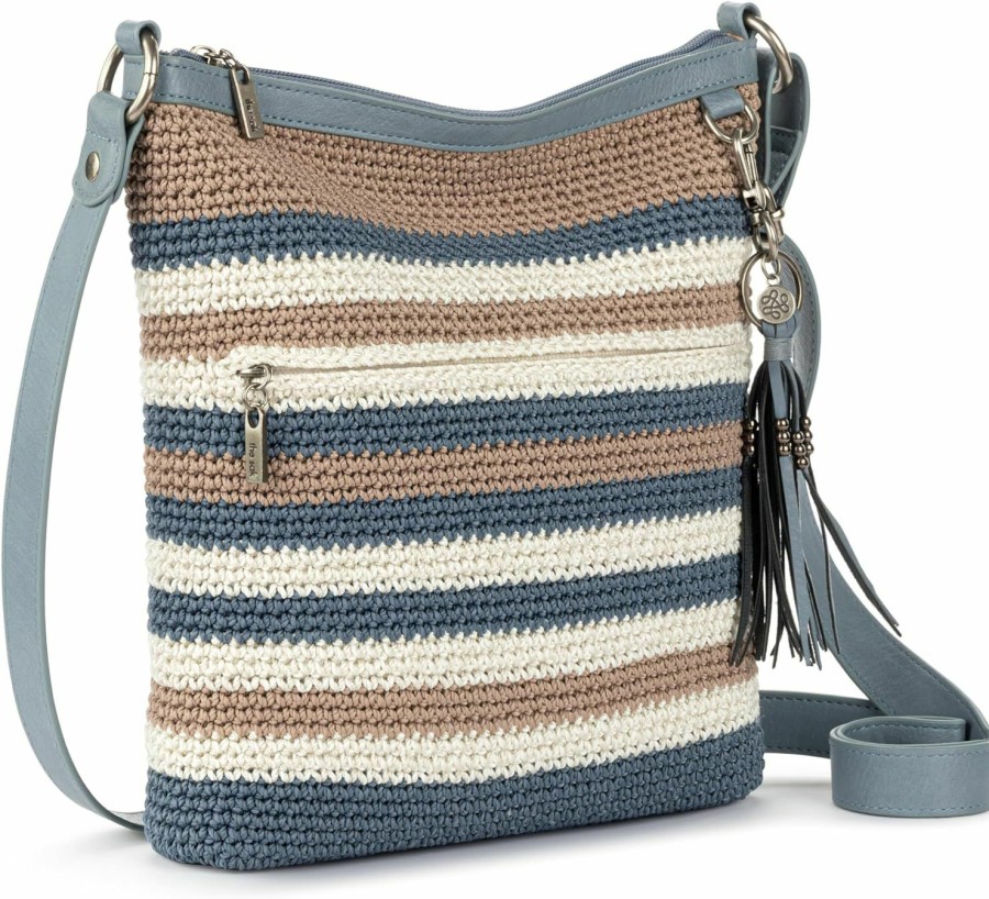 The Sak Crossbody Handbags | The Sak Lucia Crossbody In Crochet, Adjustable Crossbody Strap, Sand & Sea Stripe