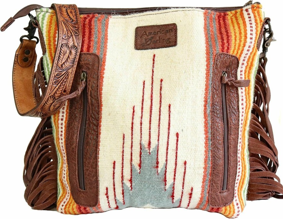 American Darling Crossbody Handbags | American Darling Aztec And Fringe Crossbody In Cream Adbgz365