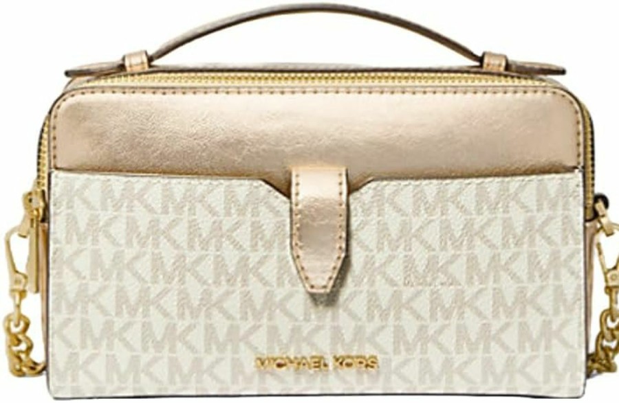 Michael Kors Crossbody Handbags | Michael Kors Jet Set Medium Signature Logo And Patent Double-Zip Crossbody Bag