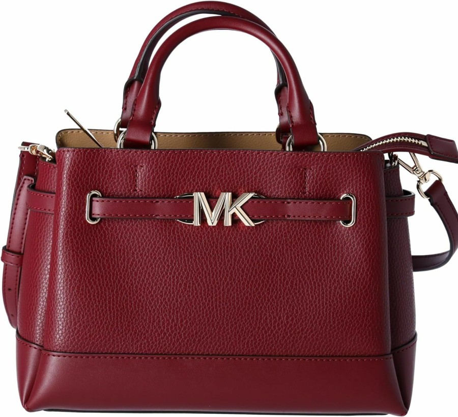 Michael Kors Crossbody Handbags | Michael Kors Reed Small Center Zip Logo Belted Satchel Crossbody Dark Cherry Leather