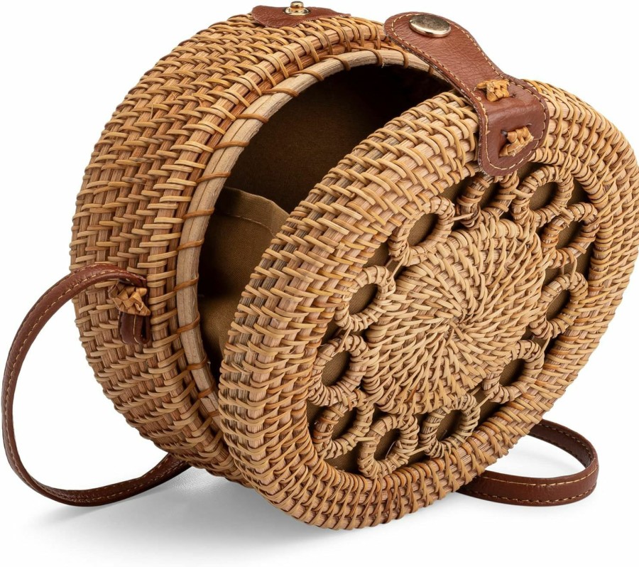 BAGDEPOT Crossbody Handbags | Bagdepot Round Rattan Bag With Shoulder Leather Strap. Made From Natural Rattan