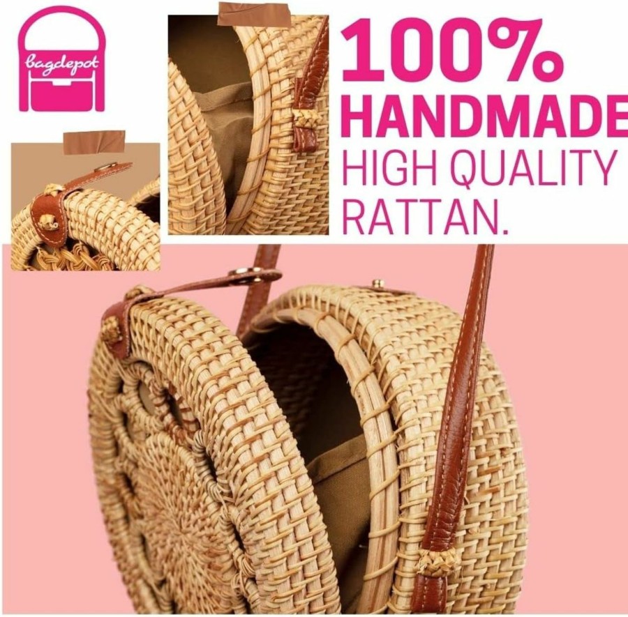 BAGDEPOT Crossbody Handbags | Bagdepot Round Rattan Bag With Shoulder Leather Strap. Made From Natural Rattan