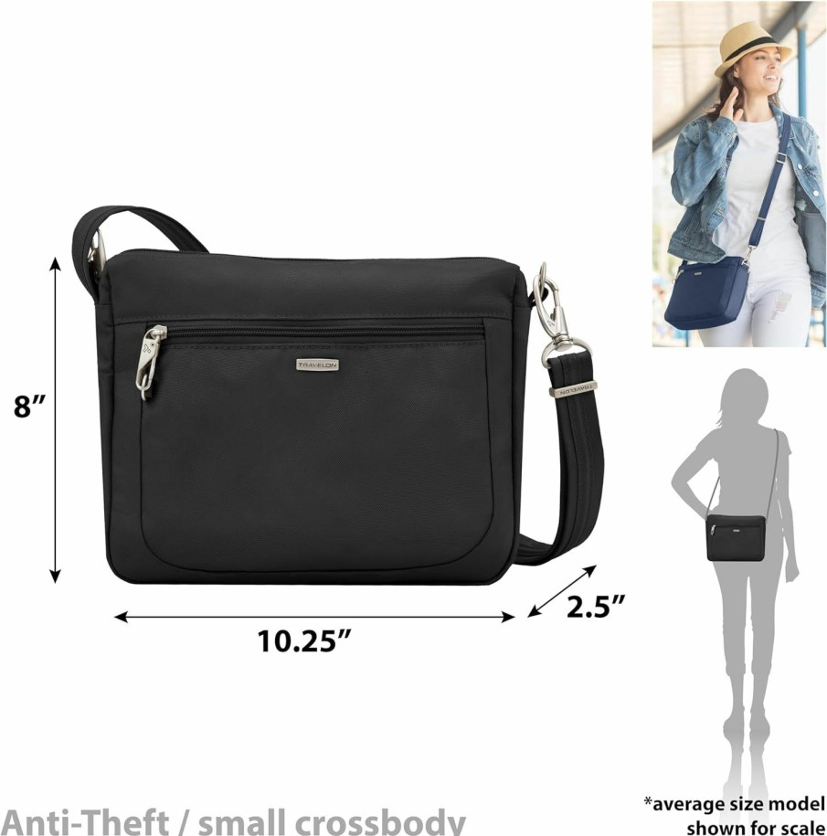 Travelon Crossbody Handbags | Travelon Anti-Theft-Class Small East/West Crossbody Bag, Black, 10.25 X 8 X 2.5