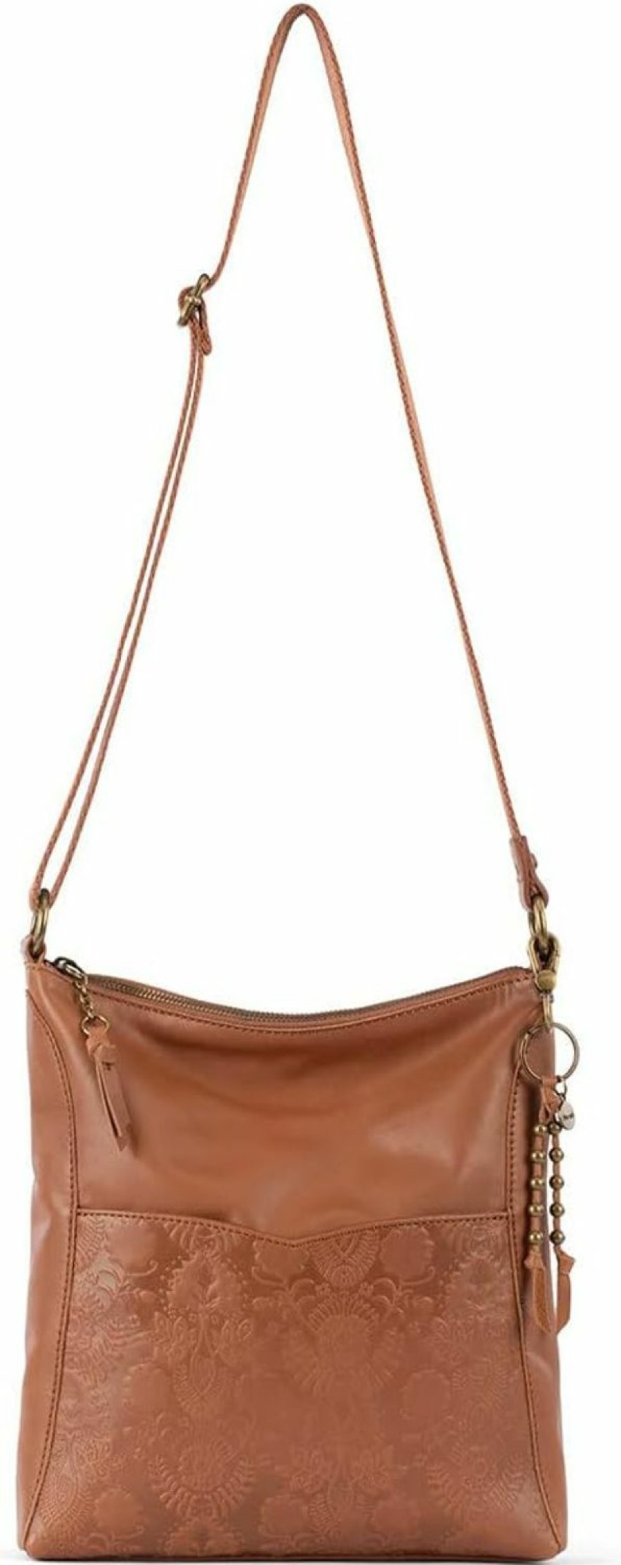 The Sak Crossbody Handbags | The Sak Lucia Crossbody Bag In Leather, Convertible Purse With Adjustable Strap, Tobacco Floral Embossed