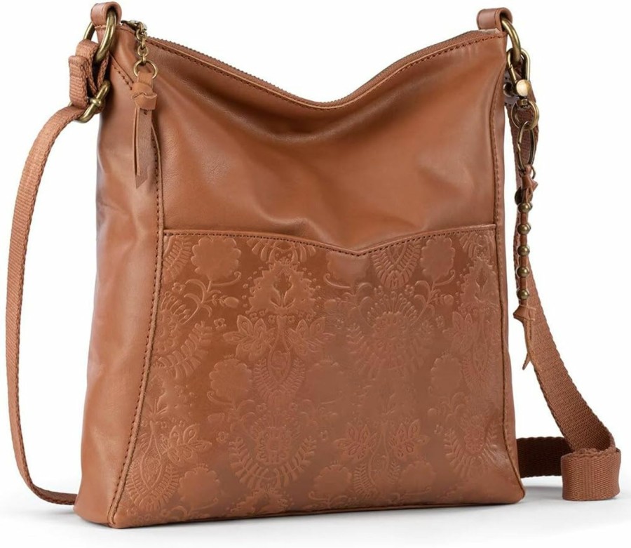 The Sak Crossbody Handbags | The Sak Lucia Crossbody Bag In Leather, Convertible Purse With Adjustable Strap, Tobacco Floral Embossed