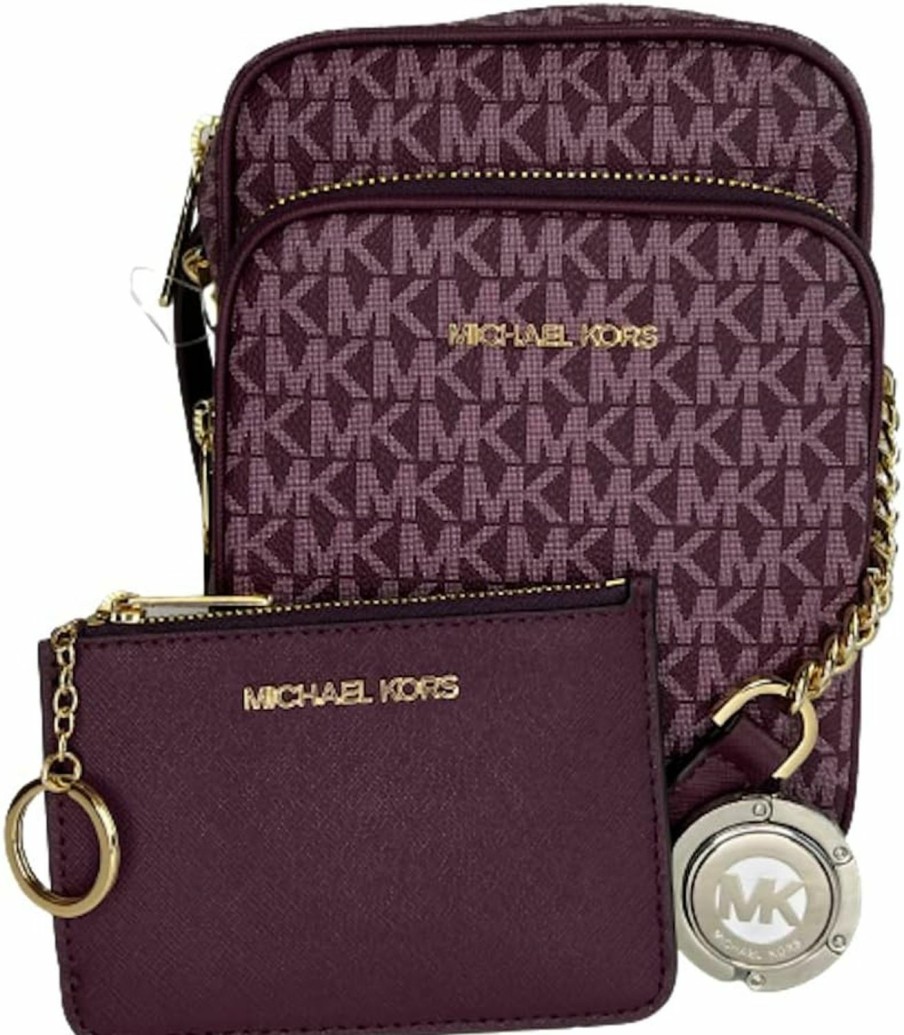 Michael Kors Crossbody Handbags | Michael Kors Jet Set Travel Medium Logo Crossbody Bundled Sm Tz Coinpouch & Purse Hook (Signature Bordeaux/Bordeaux)