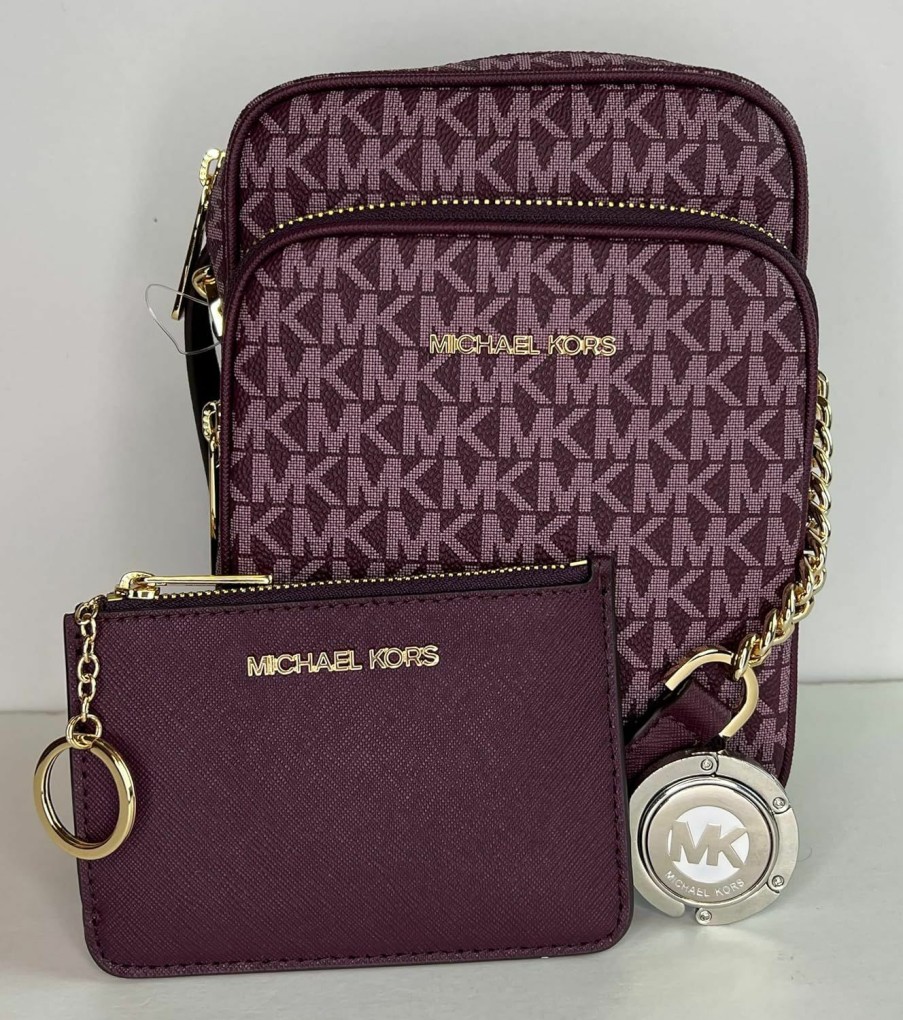 Michael Kors Crossbody Handbags | Michael Kors Jet Set Travel Medium Logo Crossbody Bundled Sm Tz Coinpouch & Purse Hook (Signature Bordeaux/Bordeaux)