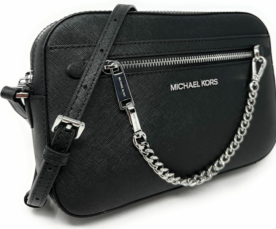 Michael Kors Crossbody Handbags | Michael Kors Jet Set Saffiano Leather Crossbody Bag (Black/Silver, Large)