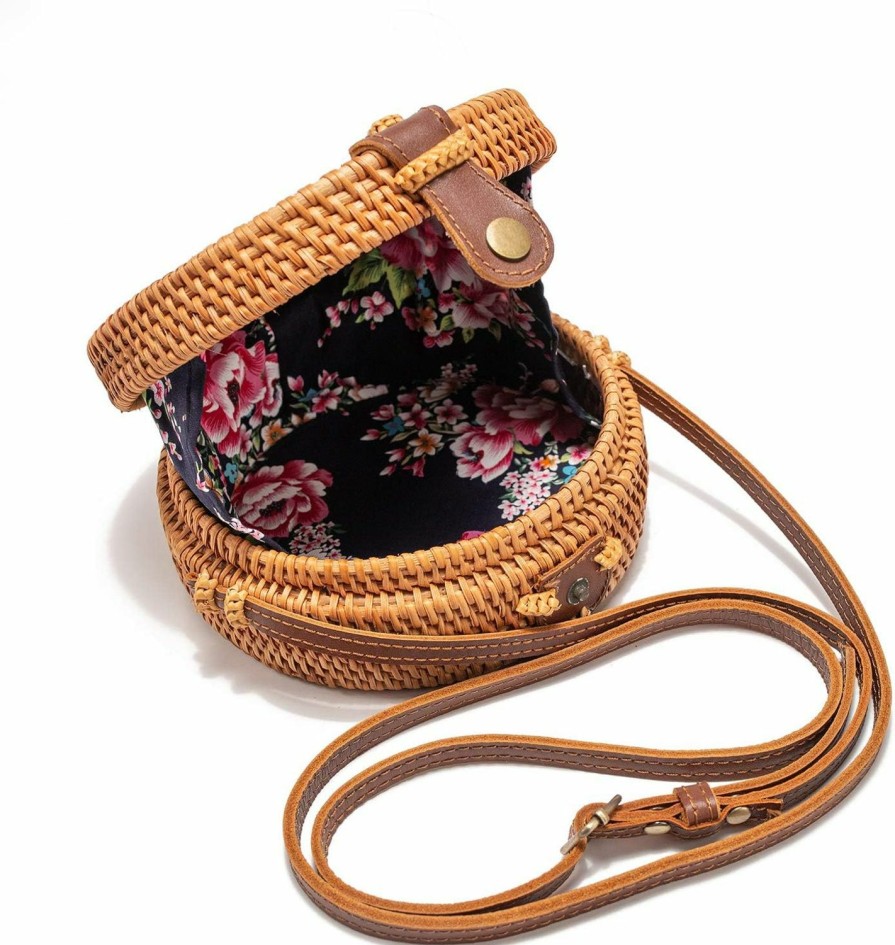 Aviboo Crossbody Handbags | Aviboo Handwoven Round Rattan Straw Crossbody Bags For Women 8" With Adjustable Two-Layer Genuine Leather Strap With Bonus - Rattan Bracelet