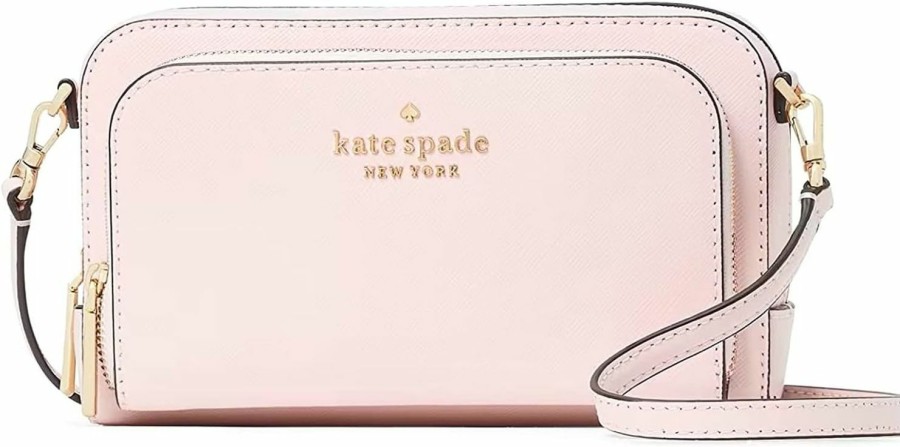 Kate Spade Crossbody Handbags | Kate Spade New York Staci Dual Zip Around Saffiano Leather Crossbody Bag Purse Handbag (Light Rosebud), Chalk Pink