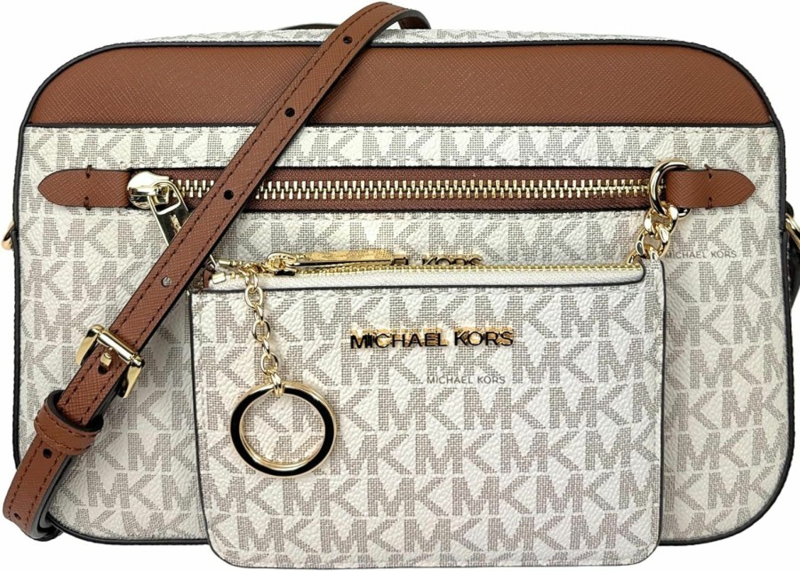 Michael Kors Crossbody Handbags | Michael Kors Jet Set Large Logo Crossbody Bag With Matching Logo Coin Pouch (Vanilla)