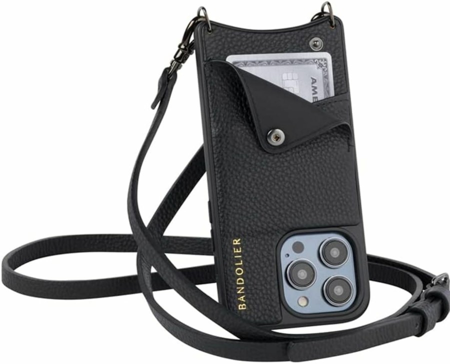 Bandolier Crossbody Handbags | Bandolier Emma Crossbody Phone Case And Wallet For Iphone 15 Pro Max - Black Leather With Gold Detail