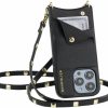 Bandolier Crossbody Handbags | Bandolier Sarah Crossbody Phone Case And Wallet For Iphone 15 Pro Max - Genuine Pebbled Black Leather With 2 Pockets And Removable Gold Studded Strap