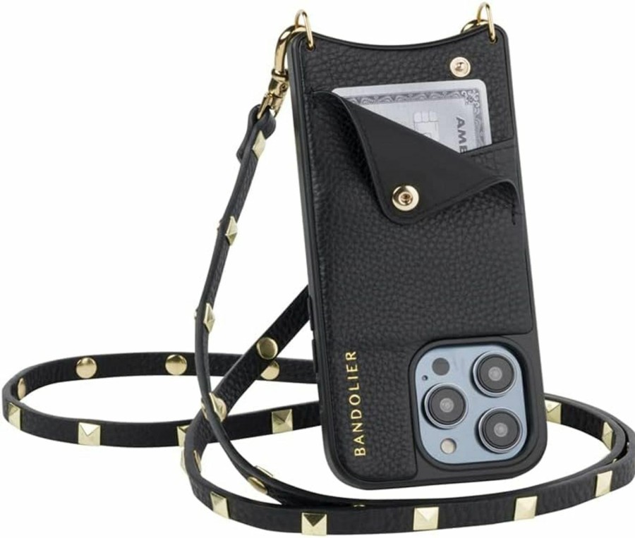 Bandolier Crossbody Handbags | Bandolier Sarah Crossbody Phone Case And Wallet For Iphone 15 Pro Max - Genuine Pebbled Black Leather With 2 Pockets And Removable Gold Studded Strap