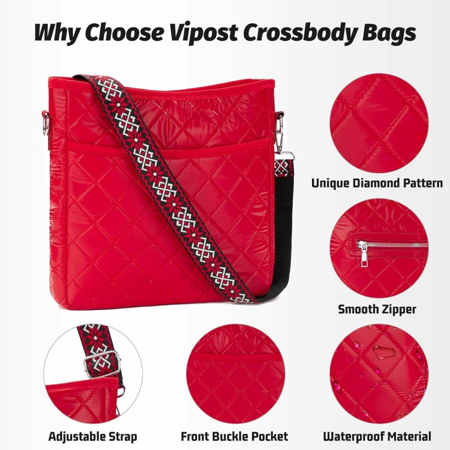 Vipost Crossbody Handbags | Vipost Quilted Crossbody Bags For Women,Puffer Crossbody Shoulder Bag Purse With Guitar Strap,Women'S Crossbody Handbags