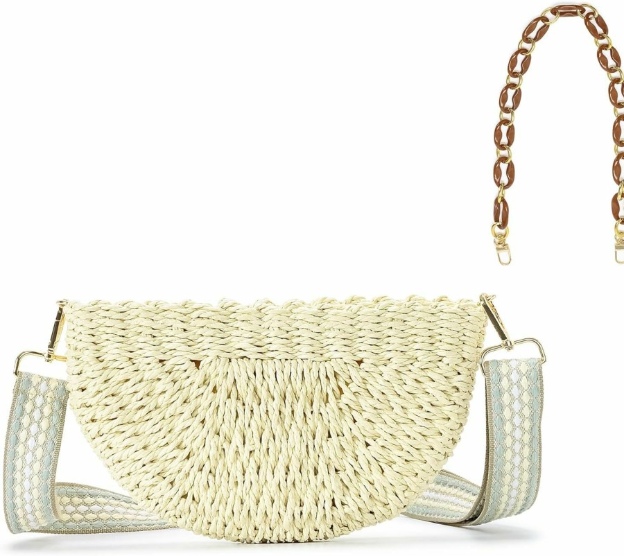 Herald Crossbody Handbags | Herald Semicircle Handmade Straw Crossbody Bag For Women, Summer Chic Woven Handbag Shoulder Purse With Chain & Guitar Strap