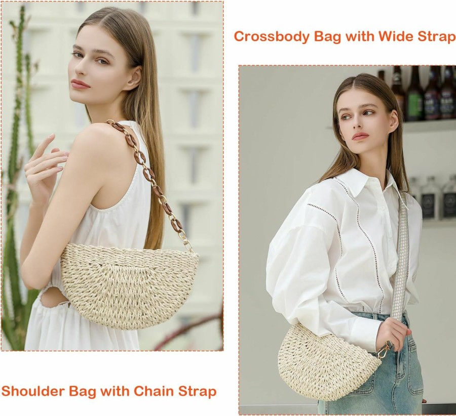 Herald Crossbody Handbags | Herald Semicircle Handmade Straw Crossbody Bag For Women, Summer Chic Woven Handbag Shoulder Purse With Chain & Guitar Strap