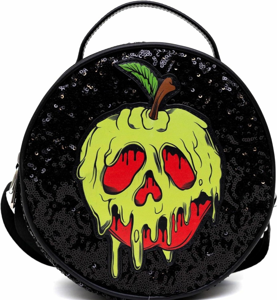 Buckle-Down Crossbody Handbags | Disney Bag, Crossbody, Round, Snow White Poison Apple Glow In The Dark Applique, Black Sequin, Vegan Leather