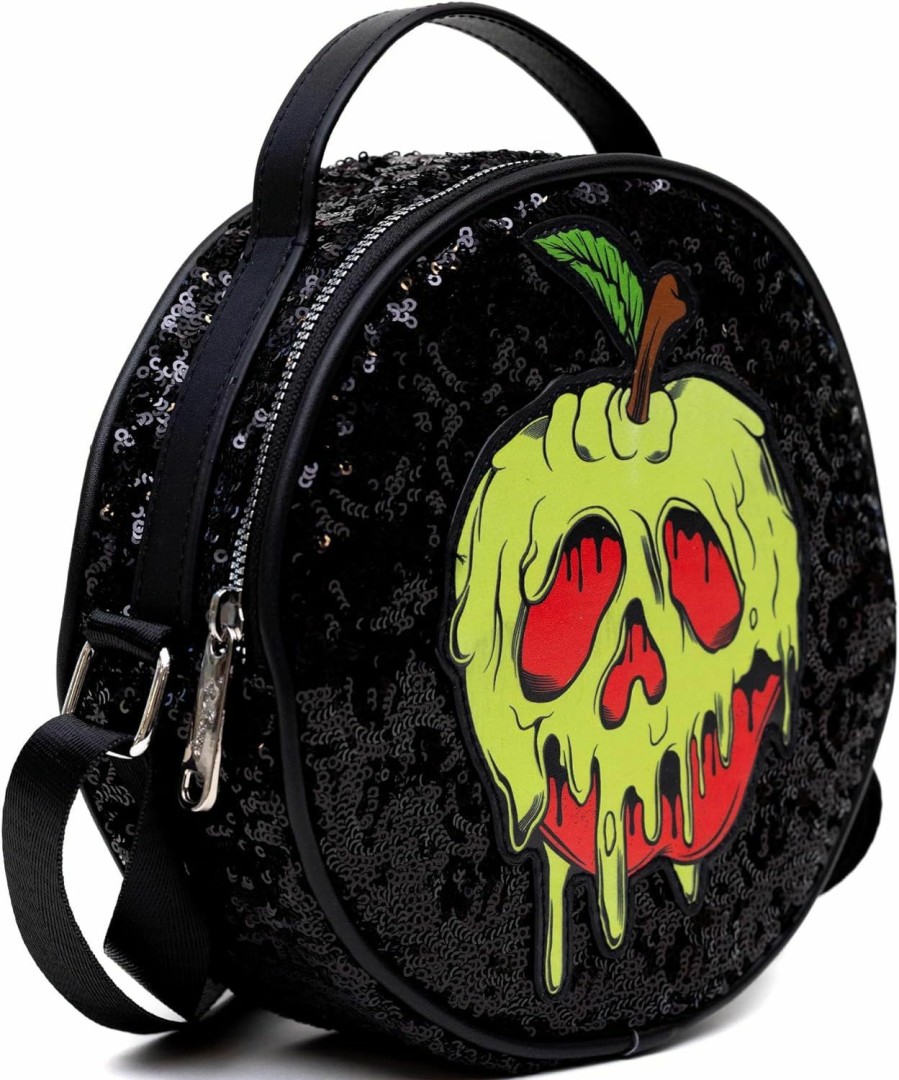 Buckle-Down Crossbody Handbags | Disney Bag, Crossbody, Round, Snow White Poison Apple Glow In The Dark Applique, Black Sequin, Vegan Leather