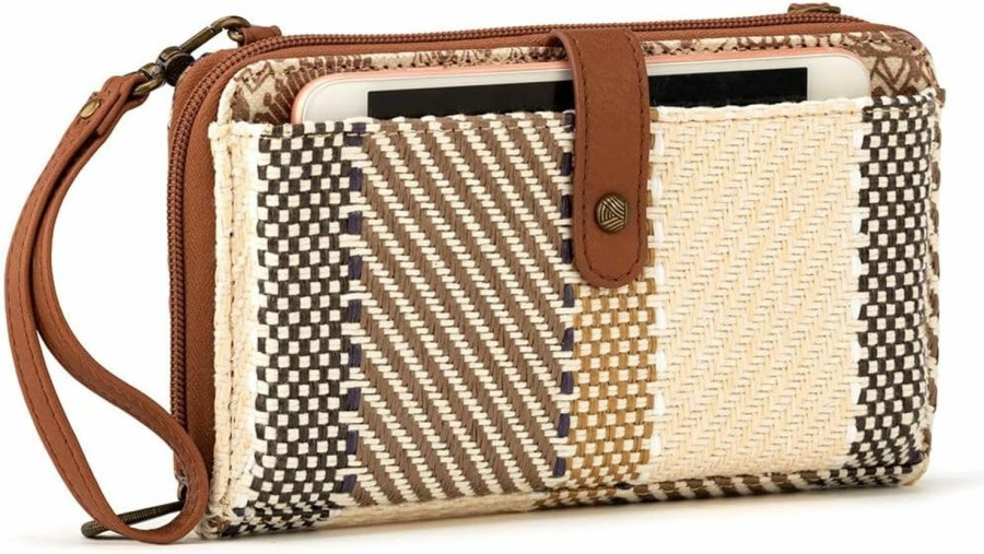 Sakroots Crossbody Handbags | Sakroots Large Smartphone Crossbody In Canvas, Detachable Wristlet Strap, Tobacco Batik World Woven