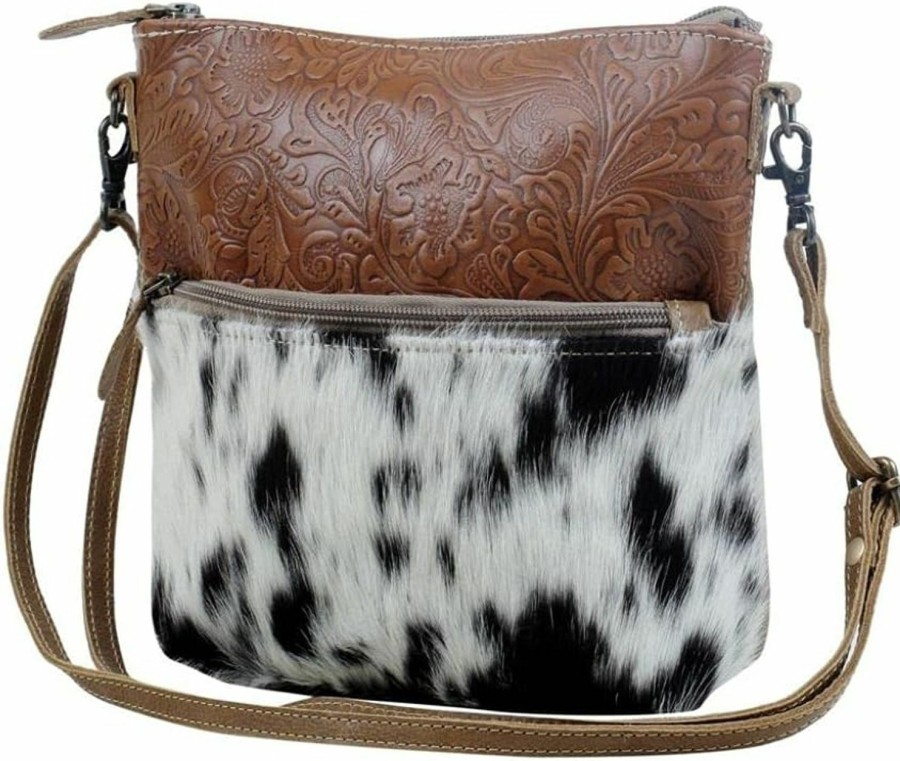 Myra Bag Crossbody Handbags | Myra Bag Engraved Crossbody Bag Upcycled Cowhide & Leather S-2877