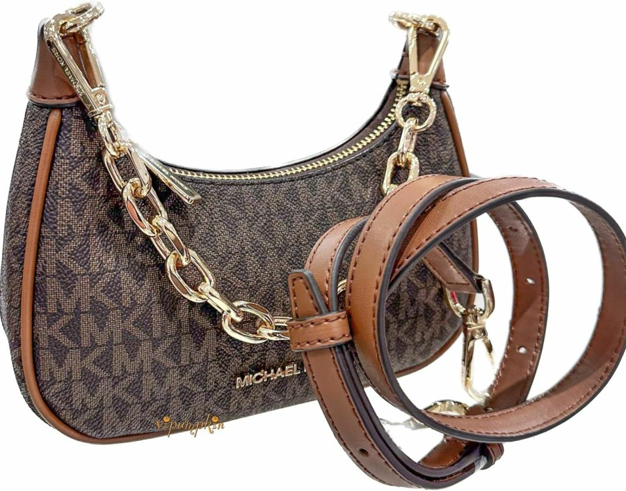 Michael Kors Crossbody Handbags | Michael Kors Cora Mini Brown Signature Pvc Zip Pouchette Crossbody Handbag Women'S Purse