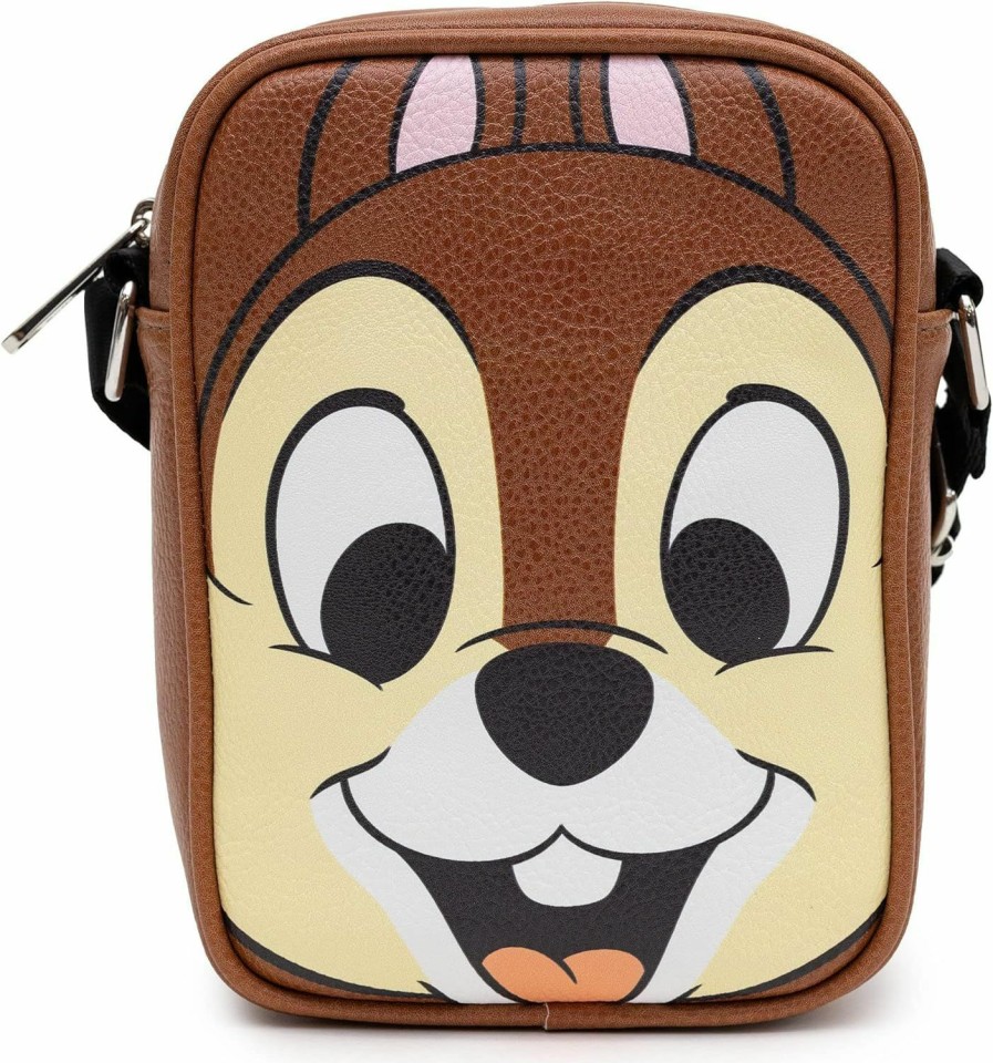 Buckle-Down Crossbody Handbags | Disney Bag, Cross Body, Chip Character Face Close Up On Front And Text On Back, Brown, Vegan Leather