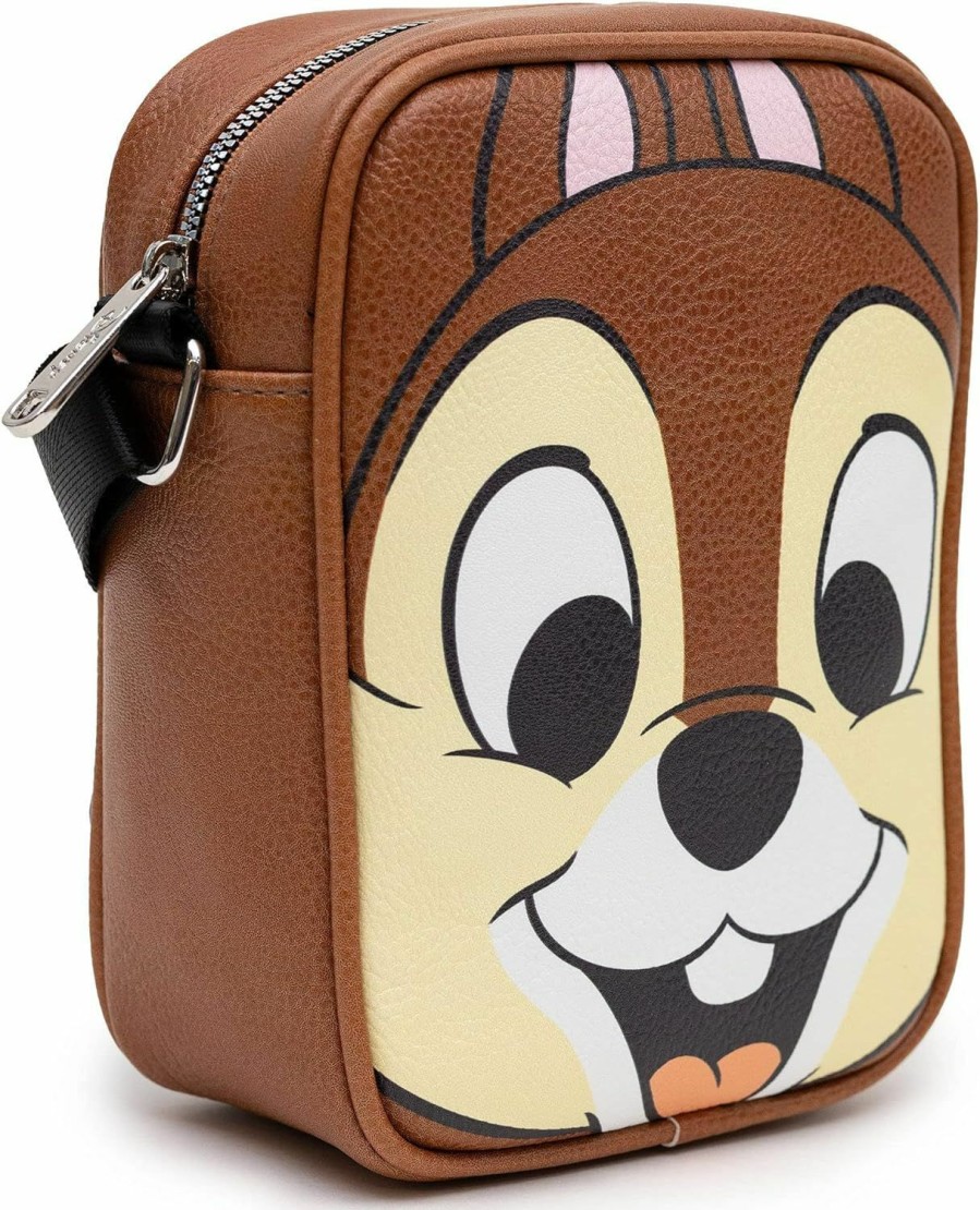 Buckle-Down Crossbody Handbags | Disney Bag, Cross Body, Chip Character Face Close Up On Front And Text On Back, Brown, Vegan Leather