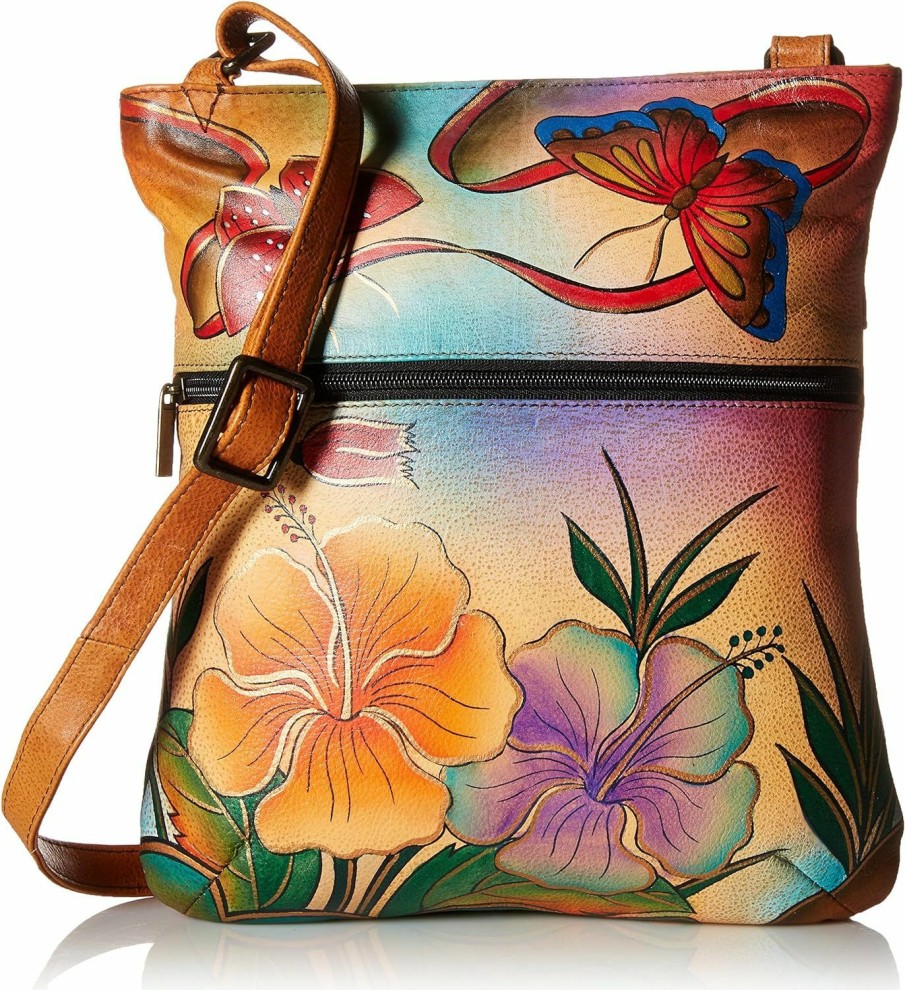 Anuschka Crossbody Handbags | Anna Anuschka Slim Crossbody Bag | Genuine Leather | Antique Hibiscus