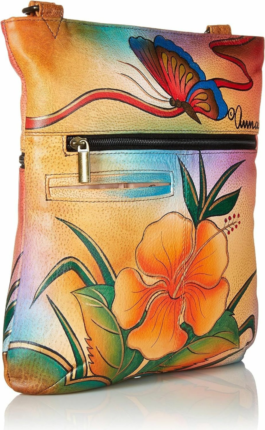 Anuschka Crossbody Handbags | Anna Anuschka Slim Crossbody Bag | Genuine Leather | Antique Hibiscus