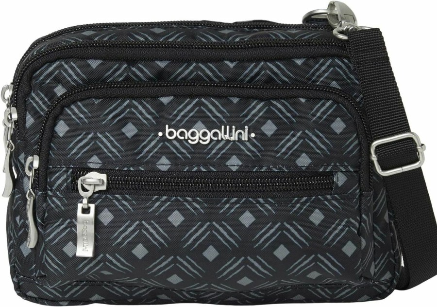 Baggallini Crossbody Handbags | Baggallini Women'S Triple Zip Bag, Black Diamond Print