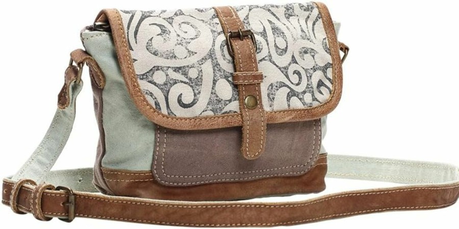 Myra Bag Crossbody Handbags | Myra Bag Leaf Swirls Upcycled Canvas Crossbody Bag S-1153, Brown, Size One Size